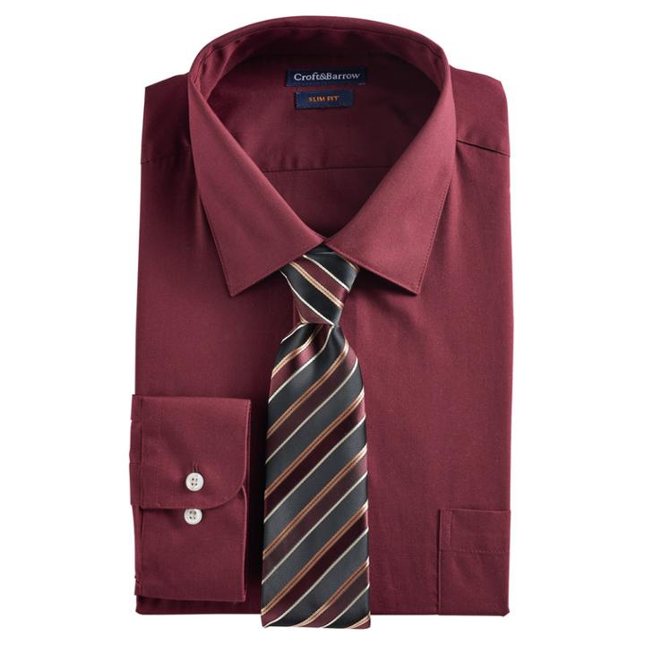 Men's Croft & Barrow&reg; Slim-fit Stretch-collar Dress Shirt And Patterned Tie, Size: L-34/35, Dark Red