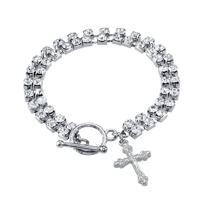 1928 Crystal Cross Charm Toggle Bracelet, Women's, Size: 7, Grey