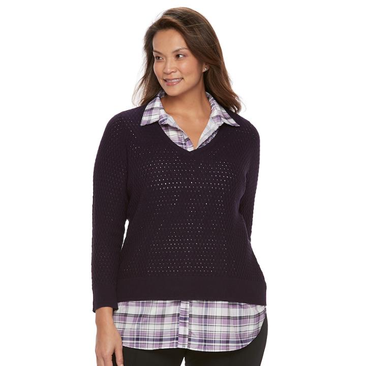 Plus Size Croft & Barrow&reg; Mock-layer V-neck Sweater, Women's, Size: 2xl, Drk Purple