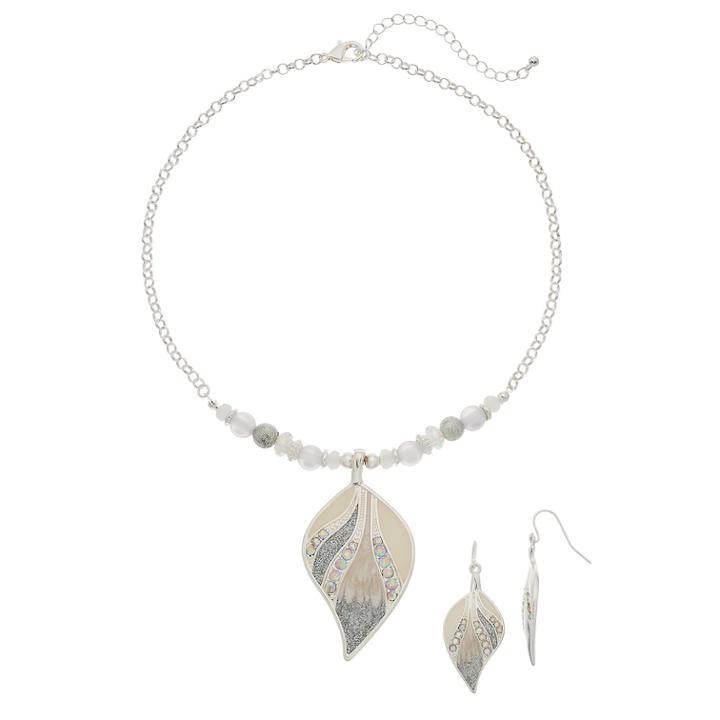 Simulated Crystal & Bead Leaf Pendant Necklace & Drop Nickel Free Earrings Set, Women's, Grey