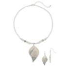 Simulated Crystal & Bead Leaf Pendant Necklace & Drop Nickel Free Earrings Set, Women's, Grey
