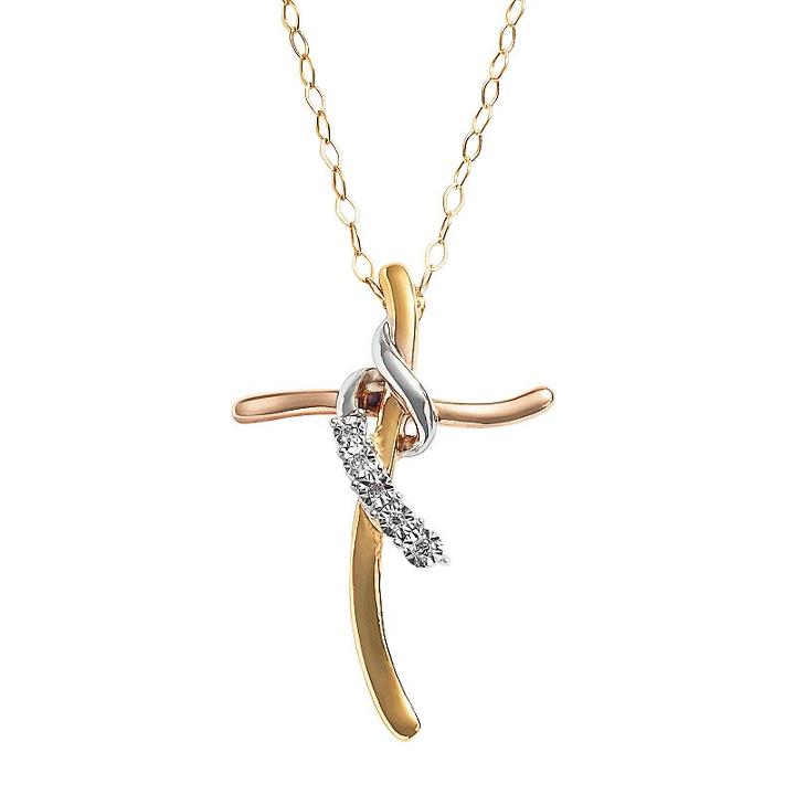 14k Gold Over Silver And Sterling Silver Tri-tone Diamond Accent Cross Pendant, Women's, White