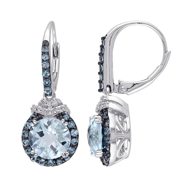 Sky Blue Topaz, London Blue Topaz & 1/10 Carat T.w. Diamond Sterling Silver Halo Drop Earrings, Women's