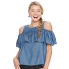 Juniors' So&reg; Ruffle Cold-shoulder Chambray Top, Girl's, Size: Small, Light Blue