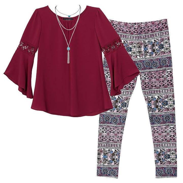 Girls 7-16 Iz Amy Byer Bell Sleeve Tunic & Patterned Leggings Set With Necklace, Size: Small, Ovrfl Oth