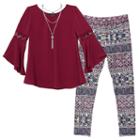 Girls 7-16 Iz Amy Byer Bell Sleeve Tunic & Patterned Leggings Set With Necklace, Size: Small, Ovrfl Oth