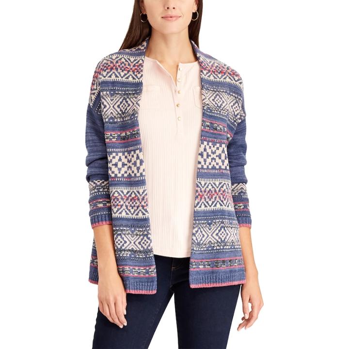 Petite Chaps Fairisle Open-front Cardigan, Women's, Size: S Petite, Blue (navy)
