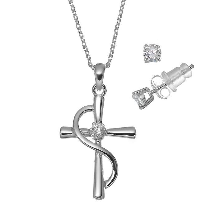 Pure 925 Cubic Zirconia Sterling Silver Cross Pendant Necklace & Stud Earring Set, Women's, Size: 18, Grey