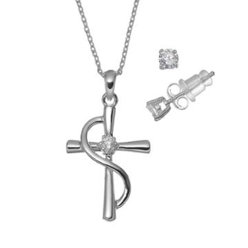 Pure 925 Cubic Zirconia Sterling Silver Cross Pendant Necklace & Stud Earring Set, Women's, Size: 18, Grey