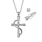 Pure 925 Cubic Zirconia Sterling Silver Cross Pendant Necklace & Stud Earring Set, Women's, Size: 18, Grey