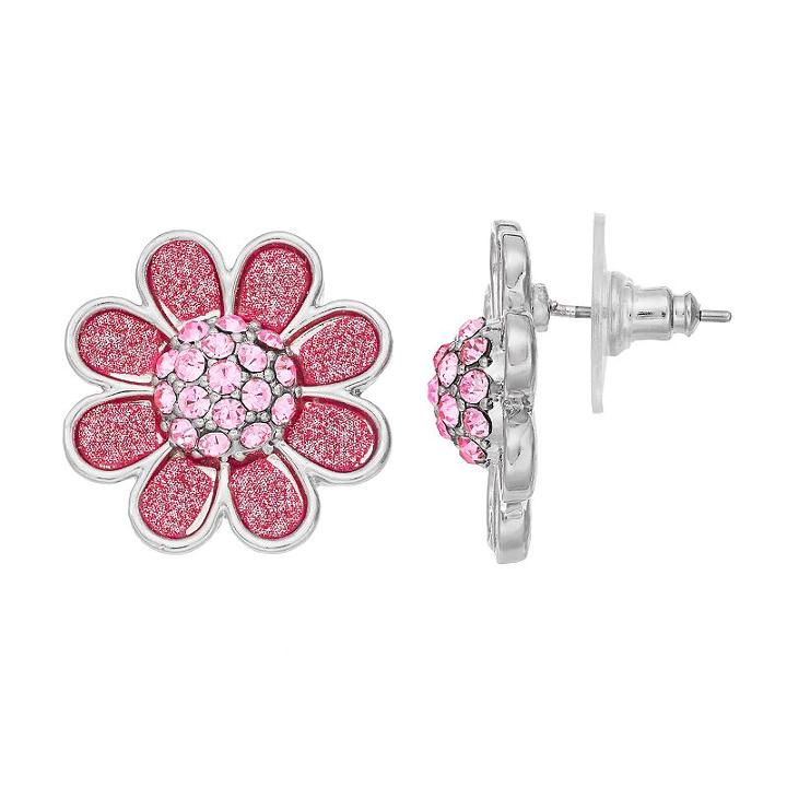Pink Glittery Flower Stud Earrings, Women's, Med Pink
