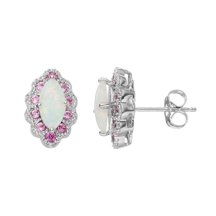 Sterling Silver Lab-created Opal & Pink Sapphire Marquise Stud Earrings, Women's