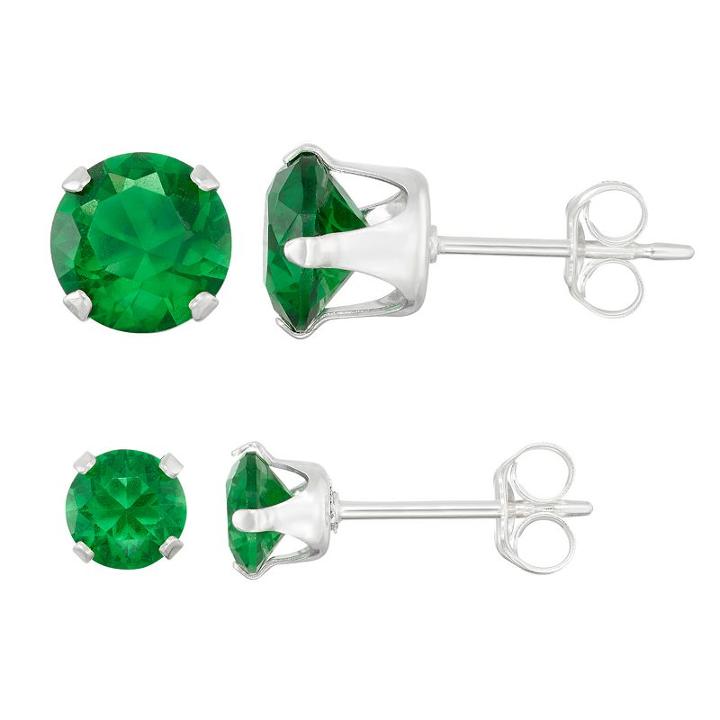 Journee Collection Sterling Silver Birthstone Cubic Zirconia Stud Earring Set, Women's, Green