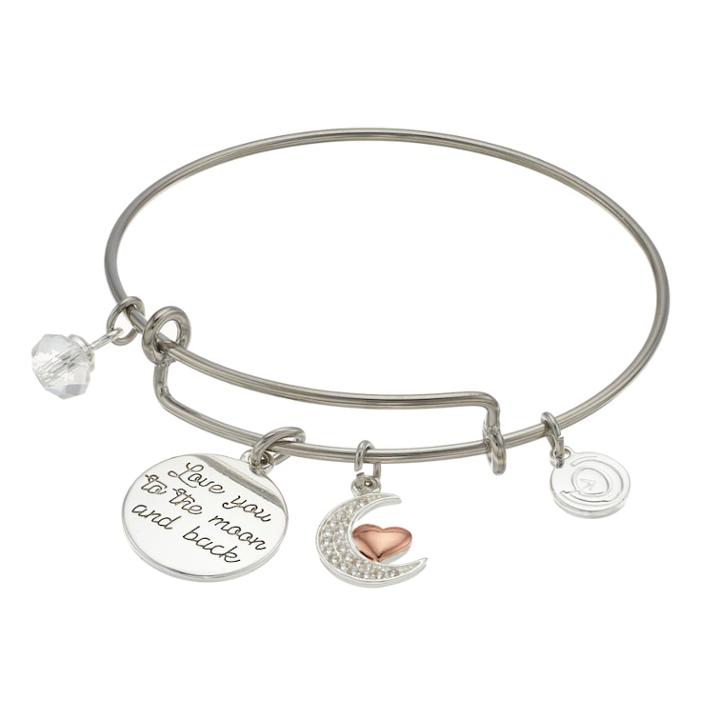 Love This Life Two Tone Love You To The Moon And Back Charm Bangle Bracelet, Women's, Silver