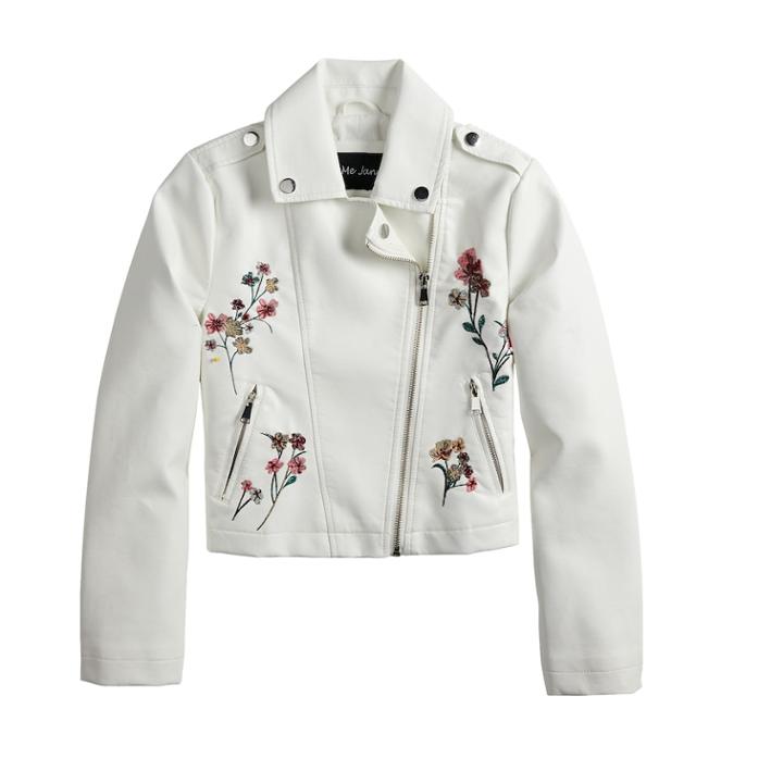 Girls 4-14 Me Jane Floral Embroidered Lightweight Moto Jacket, Size: 10-12, White