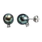 Sterling Silver Tahitian Cultured Pearl And Genuine White Topaz Stud Earrings, Women's, Black