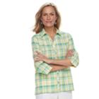 Petite Alfred Dunner Studio Plaid Button Front Top, Women's, Size: 10 Petite, Green Yellow Plaid