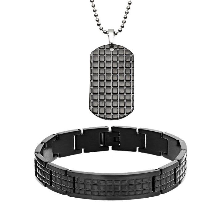 Two Tone Stainless Steel Textured Dog Tag And Bracelet Set - Men, Grey