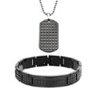 Two Tone Stainless Steel Textured Dog Tag And Bracelet Set - Men, Grey
