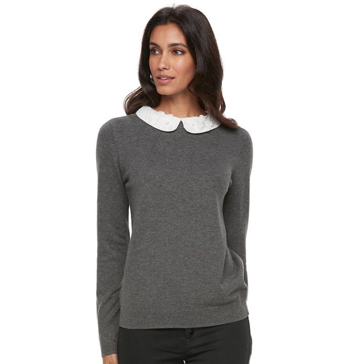 Women's Elle&trade; Lace Collar Mock-layer Sweater, Size: Xs, Dark Grey