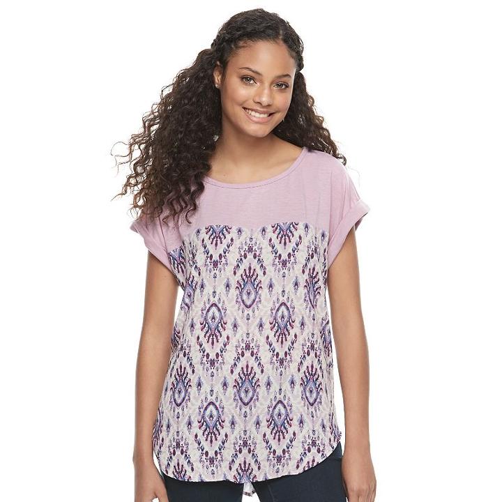 Juniors' Rewind Print Mixed Media Top, Teens, Size: Medium, Med Pink