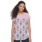 Juniors' Rewind Print Mixed Media Top, Teens, Size: Medium, Med Pink