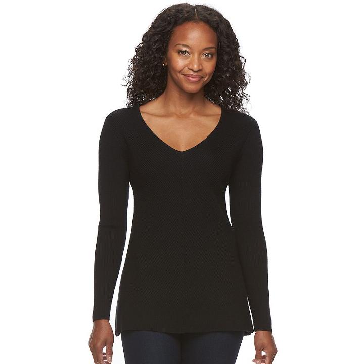 Petite Croft & Barrow&reg; Ribbed V-neck Swing Sweater, Women's, Size: S Petite, Black