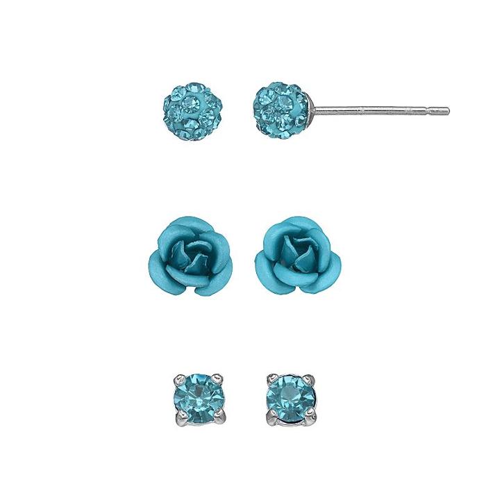 Silver Luxuries Silver Tone Crystal Fireball & Rose Stud Earring Set, Women's, Blue