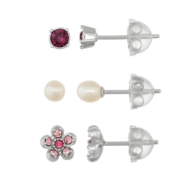 Lulabelle Kids' Crystal Flower & Freshwater Cultured Pearl Stud Earring Set, Women's, Purple