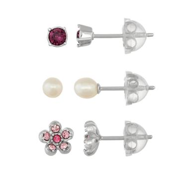 Lulabelle Kids' Crystal Flower & Freshwater Cultured Pearl Stud Earring Set, Women's, Purple
