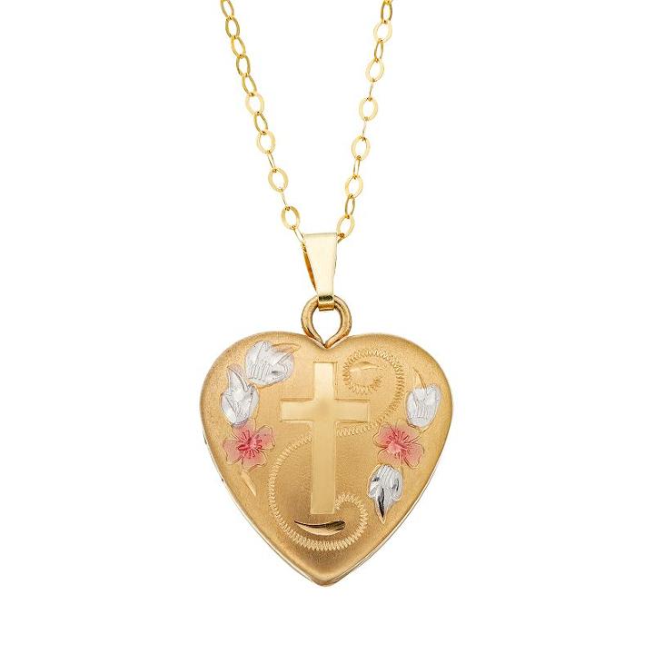 Charming Girl 14k Gold Tri-tone Heart & Cross Locket Necklace, Size: 15, Yellow