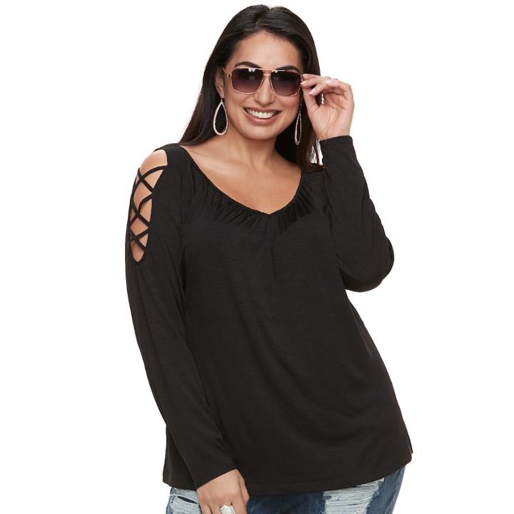 Plus Size Jennifer Lopez Strappy Cutout Tee, Women's, Size: 3xl, Black