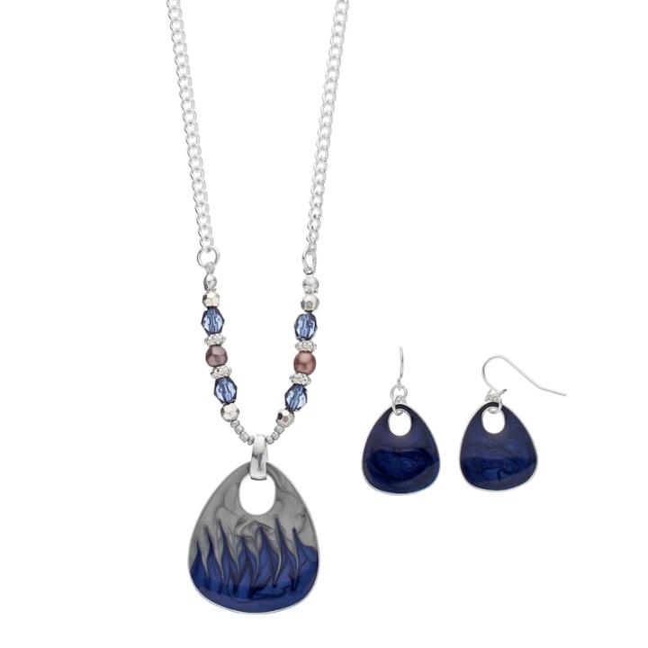 Blue Beaded Guitar Pick Pendant Necklace & Earring Set, Women's