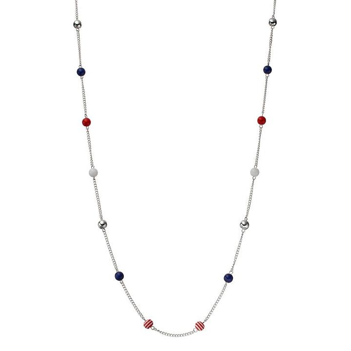 Long Red, White & Blue Beaded Necklace, Women's, Multicolor