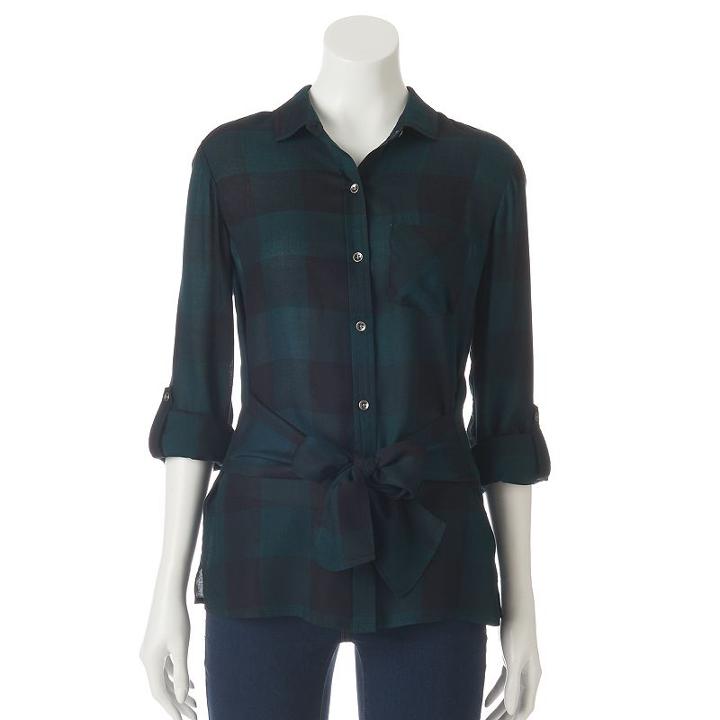 Women's Rock & Republic® Plaid Bow-front Shirt, Size: Xl, Green