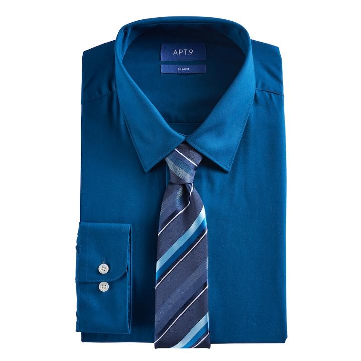 Men's Apt. 9&reg; Slim-fit Stretch Spread-collar Dress Shirt & Tie Set, Size: S 32-33, Blue