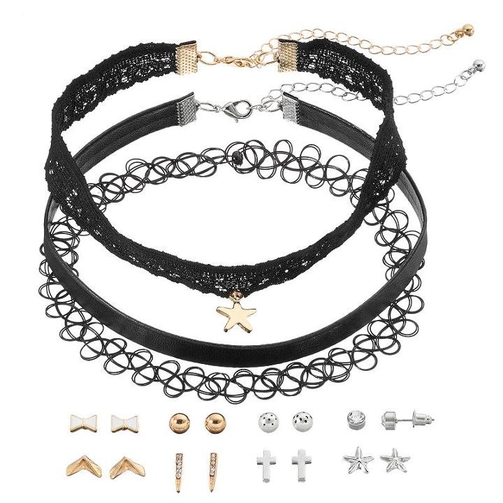 Mudd&reg; Star Charm Choker Necklace & Cross Stud Earring Set, Women's, Black