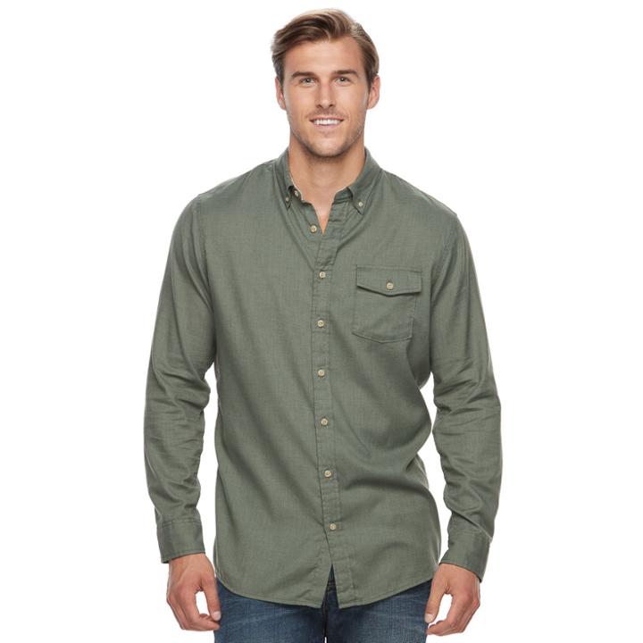 Men's Sonoma Goods For Life&trade; Modern-fit Flexwear Stretch Flannel Button-down Shirt, Size: L Tall, Dark Green