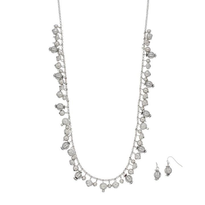 Long Shaky Bead Necklace & Drop Earring Set, Women's, Silver