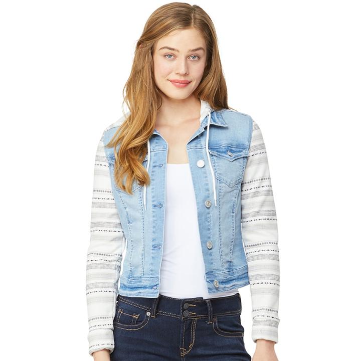 Juniors' Wallflower Dreamer Hooded Knit-sleeve Denim Jacket, Teens, Size: Small, Purple