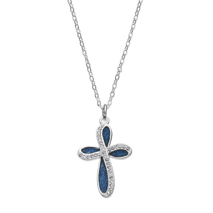 Brilliance Silver Plated Glitter Twist Cross Pendant With Swarovski Crystals, Women's, Blue
