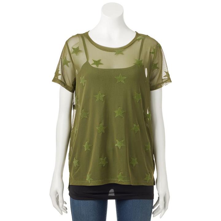 Madden Nyc Juniors' Velvet Star Mesh Top, Teens, Size: Medium, Green Oth