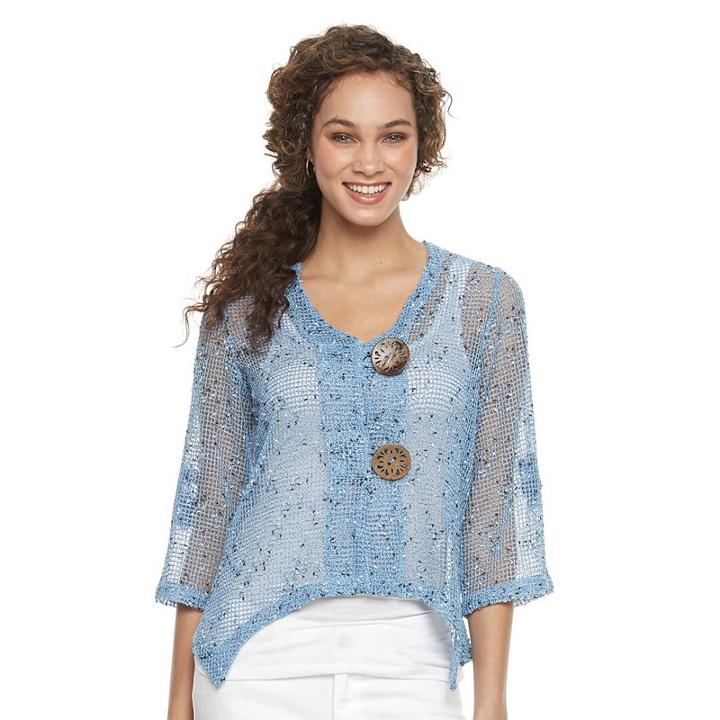 Women's Nina Leonard Open-work Embellished Cardigan, Size: Medium, Blue