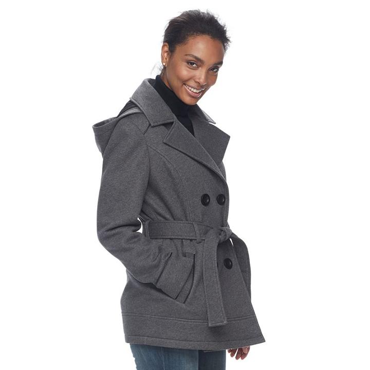 Women's D.e.t.a.i.l.s Double Breasted Faux-leather Trim Fleece Jacket, Size: Xl, Grey (charcoal)