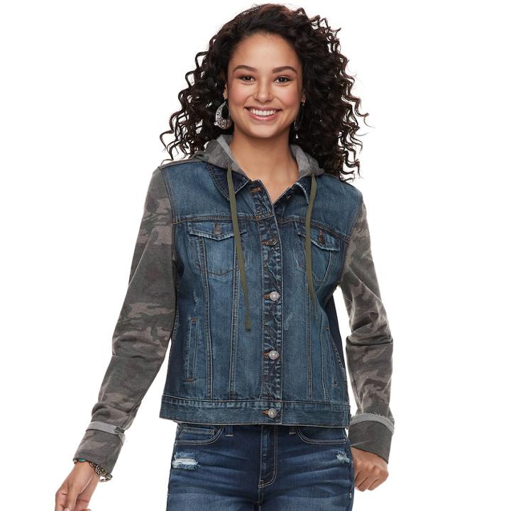 Juniors' Mudd&reg; Hooded Knit Sleeve Jean Jacket, Teens, Size: Medium, Dark Blue