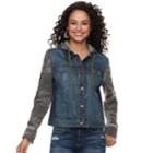 Juniors' Mudd&reg; Hooded Knit Sleeve Jean Jacket, Teens, Size: Medium, Dark Blue