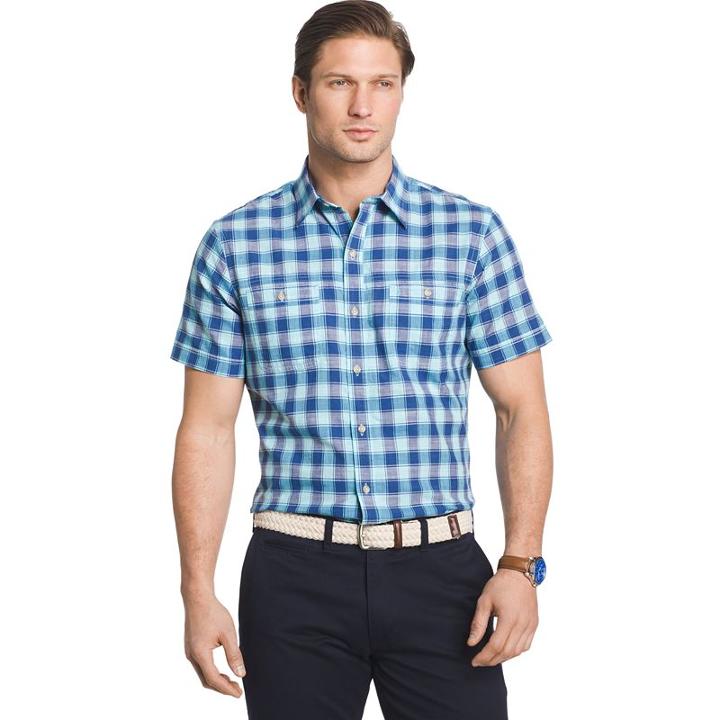 Men's Izod Classic-fit Buffalo-check Chambray Button-down Shirt, Size: Xl, Dark Blue
