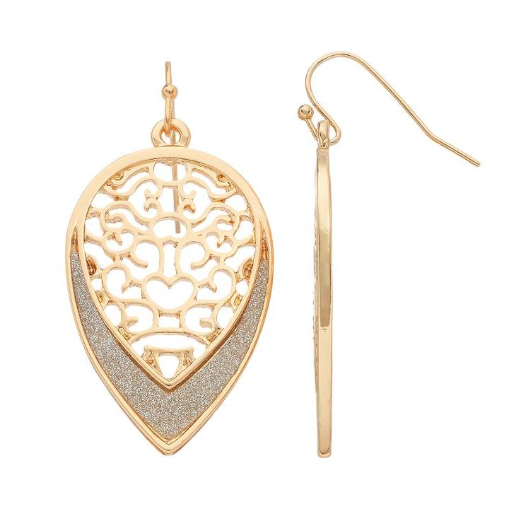 Glittery Filigree Nickel Free Teardrop Earrings, Women's, Gold