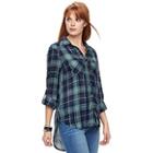 Women's Rock & Republic&reg; Button Front Plaid Shirt, Size: Medium, Dark Blue