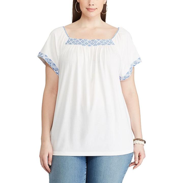 Plus Size Chaps Embroidered Squareneck Top, Women's, Size: 2xl, White